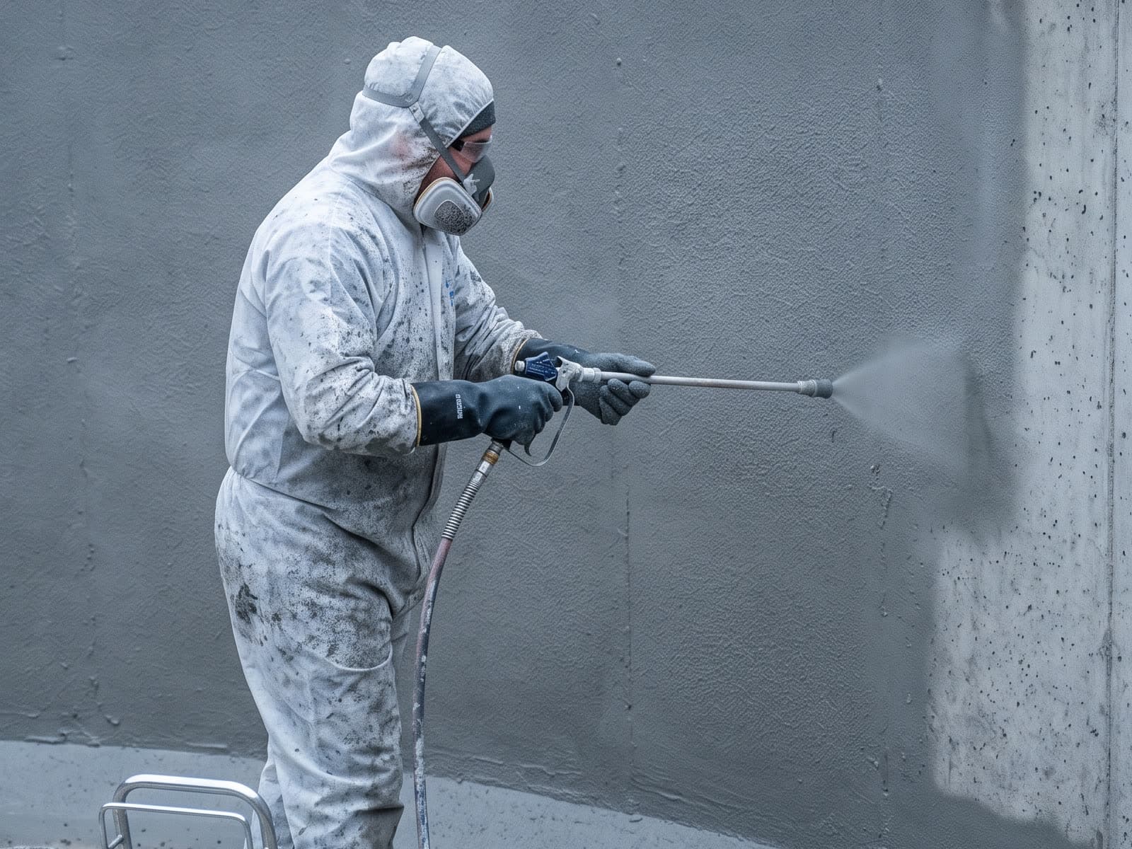 Operario con equipo de protección aplicando a pistola el revestimiento impermeabilizante sobre el muro de hormigón ya curado. Recreación generada por ordenador, no es una fotografía.