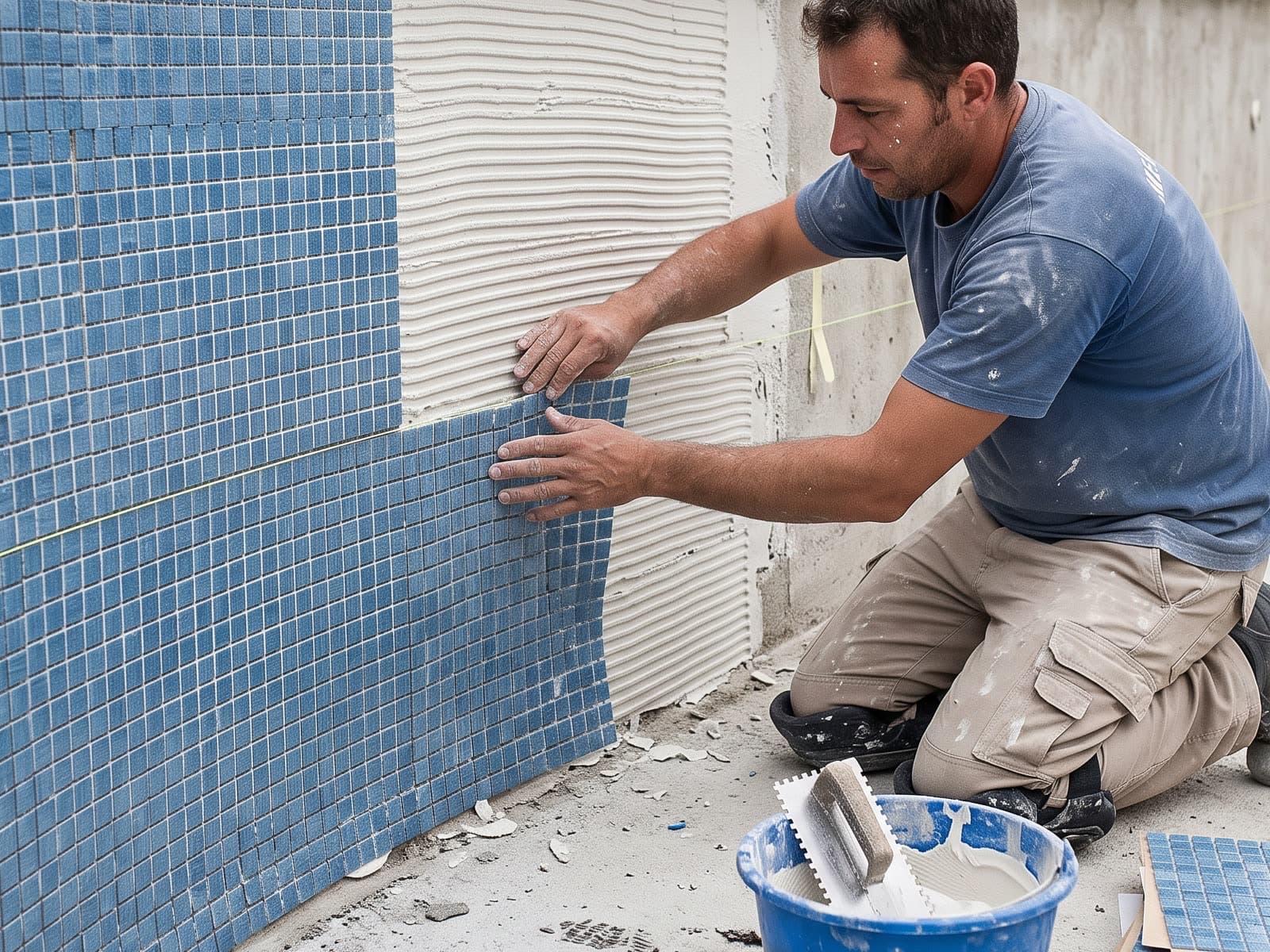 Alicatador colocando planchas de gresite azul sobre el adhesivo peinado del muro, con medio paño ya revestido y medio todavía en mortero. Recreación generada por ordenador, no es una fotografía.
