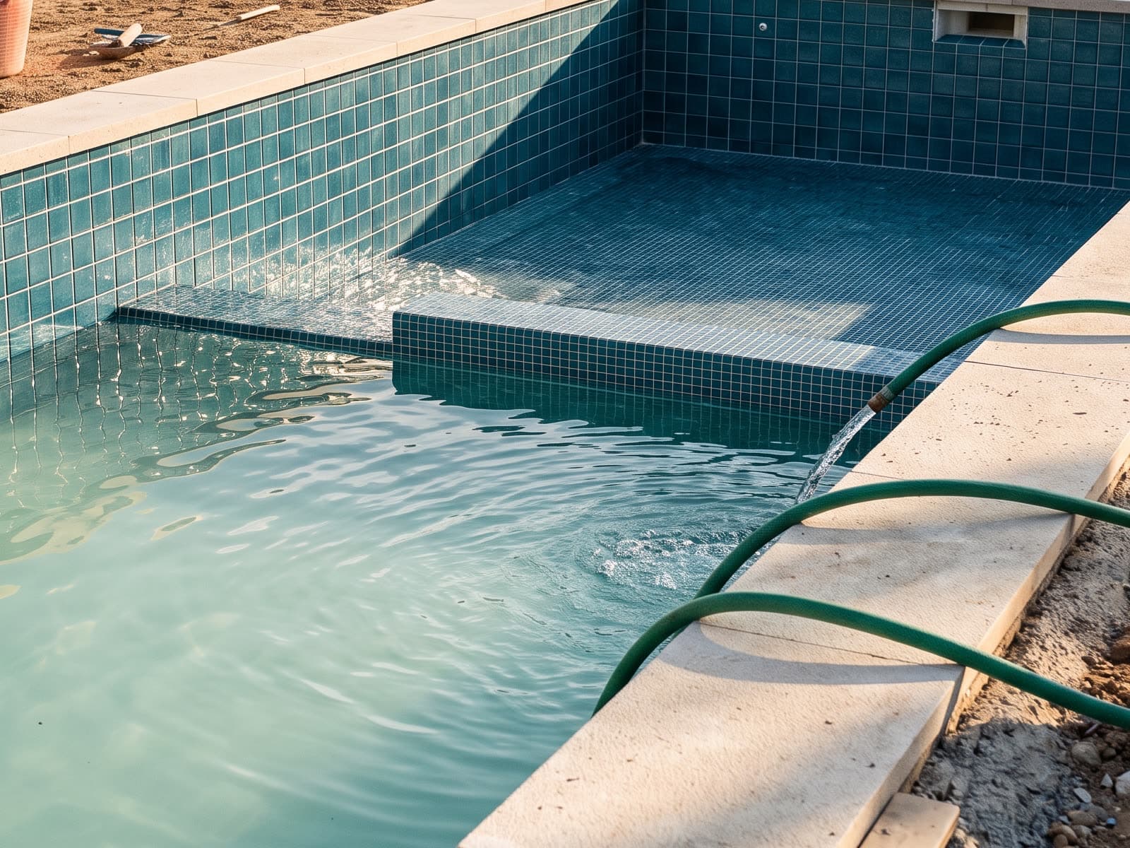 Piscina recién terminada llenándose por primera vez con la manguera, con la línea de agua a media altura y el perímetro todavía sin rematar. Recreación generada por ordenador, no es una fotografía.