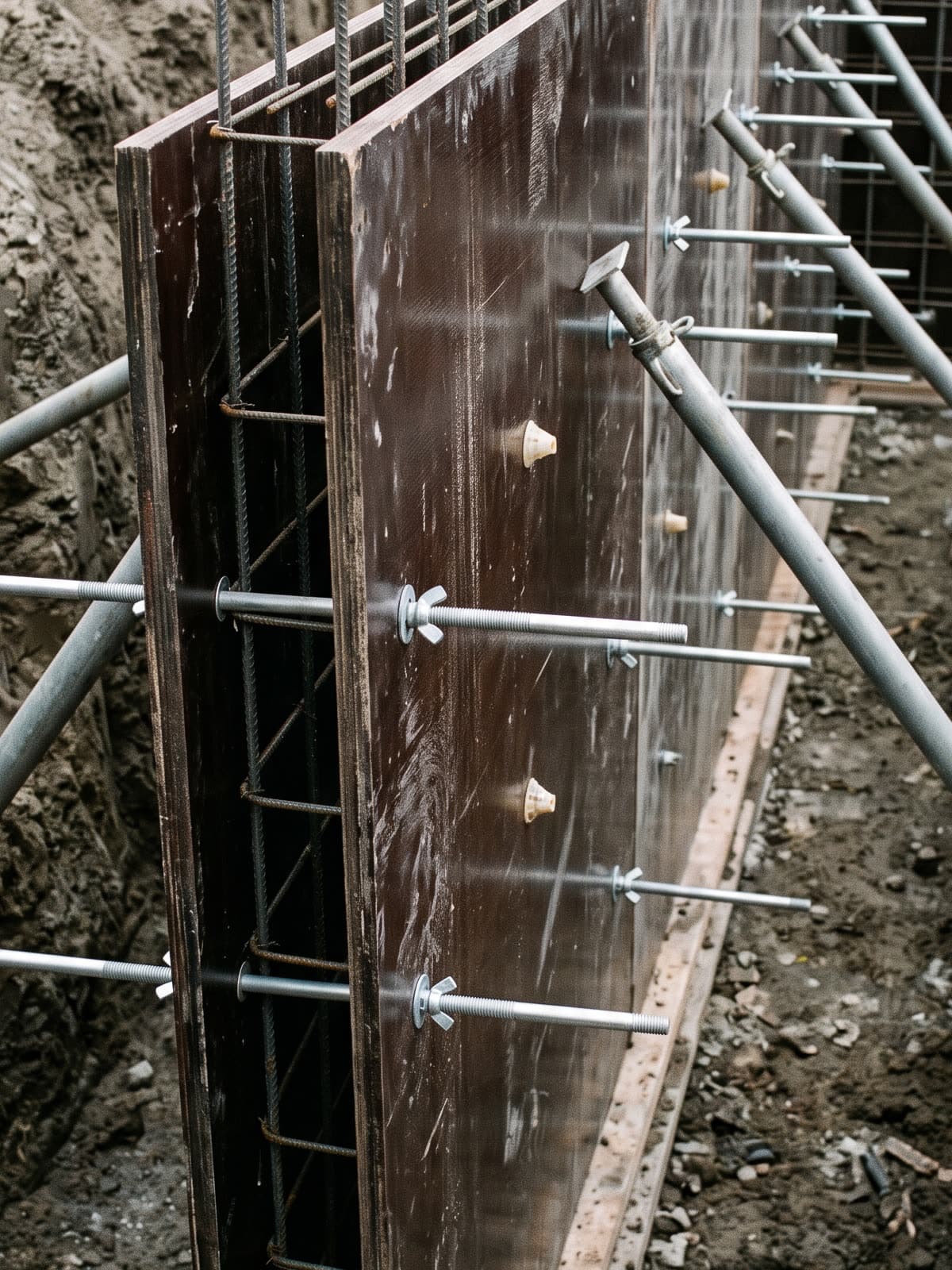 Encofrado de tableros montado contra el armado del muro de un vaso rectangular, con los tirantes pasantes y los puntales que lo sujetan, listo para verter el hormigón. Recreación generada por ordenador, no es una fotografía.