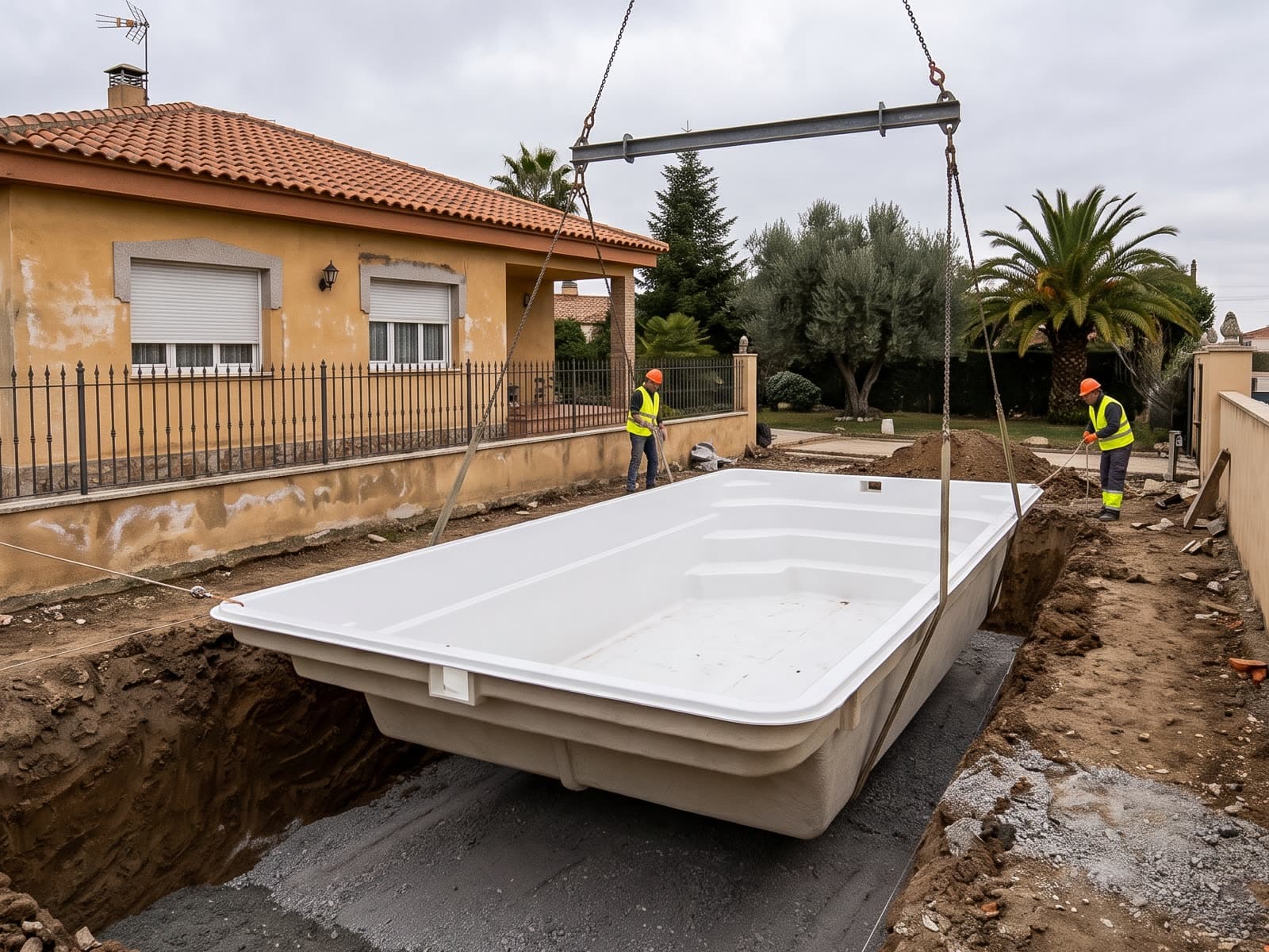 Vaso prefabricado blanco de una sola pieza suspendido del balancín de una grúa sobre el hueco excavado, con la casa y la tapia al fondo y los operarios guiándolo desde abajo. Recreación generada por ordenador, no es una fotografía.